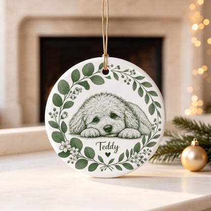 Green Wreath Pet Sketch Ceramic Ornament From Photo - Personalized Dog Christmas Keepsake - Dog Lover Gift