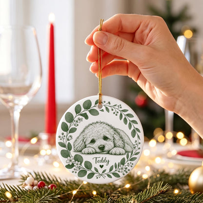 Green Wreath Pet Sketch Ceramic Ornament From Photo - Personalized Dog Christmas Keepsake - Dog Lover Gift