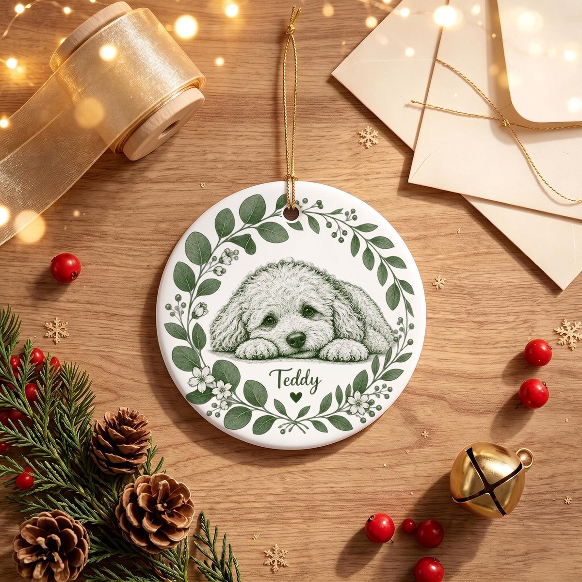Green Wreath Pet Sketch Ceramic Ornament From Photo - Personalized Dog Christmas Keepsake - Dog Lover Gift