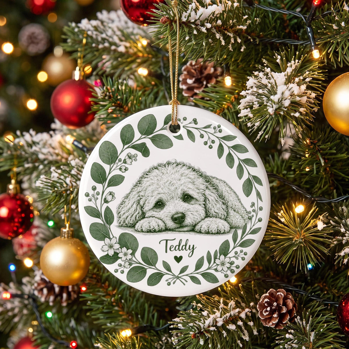 Green Wreath Pet Sketch Ceramic Ornament From Photo - Personalized Dog Christmas Keepsake - Dog Lover Gift