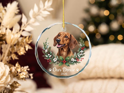 Holly Wreath Pet Glass Ornament - Personalized Crystal Glass Dog Ornament with Name & Year - Dog Adoption Gift