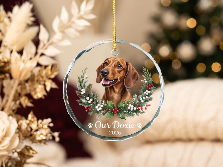 Holly Wreath Pet Glass Ornament - Personalized Crystal Glass Dog Ornament with Name & Year - Dog Adoption Gift