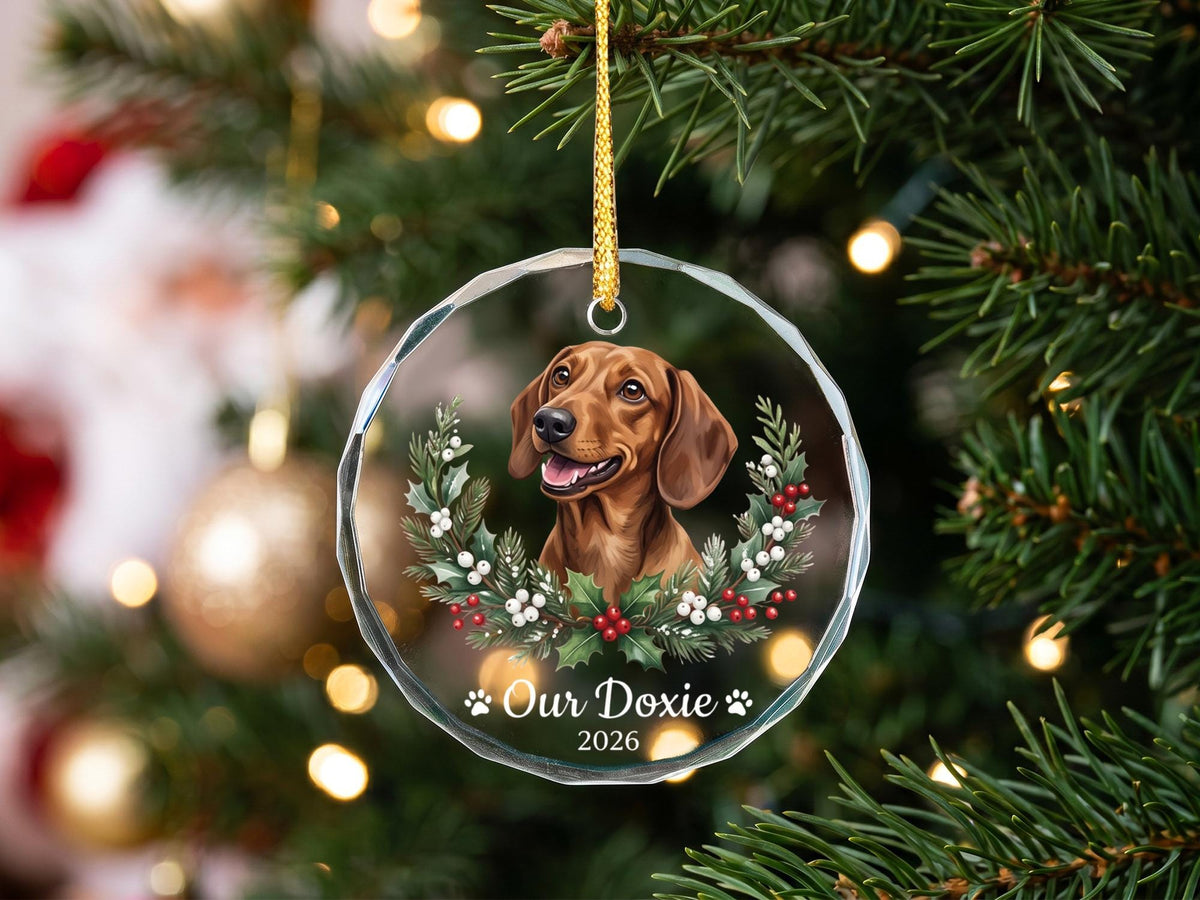 Holly Wreath Pet Glass Ornament - Personalized Crystal Glass Dog Ornament with Name & Year - Dog Adoption Gift