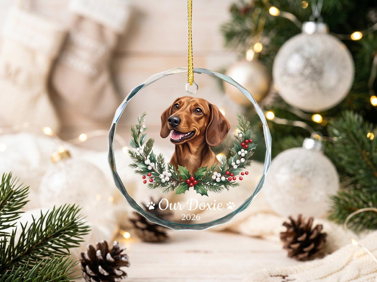 Holly Wreath Pet Glass Ornament - Personalized Crystal Glass Dog Ornament with Name & Year - Dog Adoption Gift