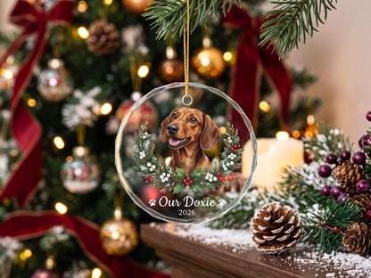 Holly Wreath Pet Glass Ornament - Personalized Crystal Glass Dog Ornament with Name & Year - Dog Adoption Gift
