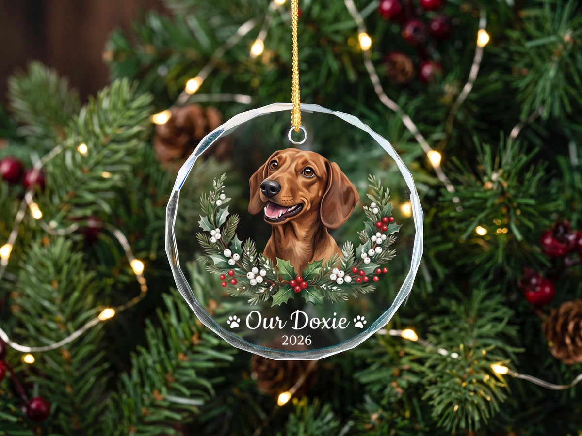 Holly Wreath Pet Glass Ornament - Personalized Crystal Glass Dog Ornament with Name & Year - Dog Adoption Gift