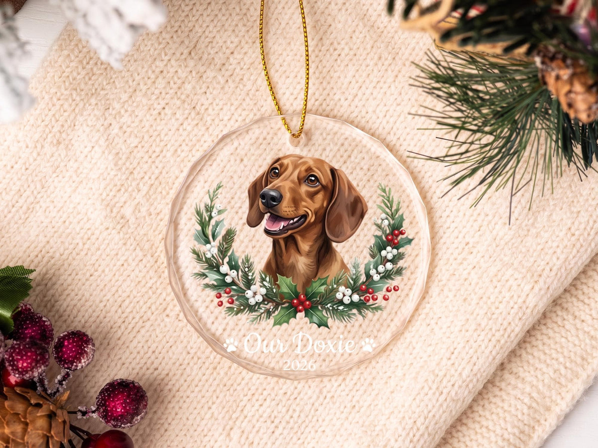 Holly Wreath Pet Glass Ornament - Personalized Crystal Glass Dog Ornament with Name & Year - Dog Adoption Gift