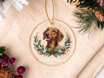 Holly Wreath Pet Glass Ornament - Personalized Crystal Glass Dog Ornament with Name & Year - Dog Adoption Gift