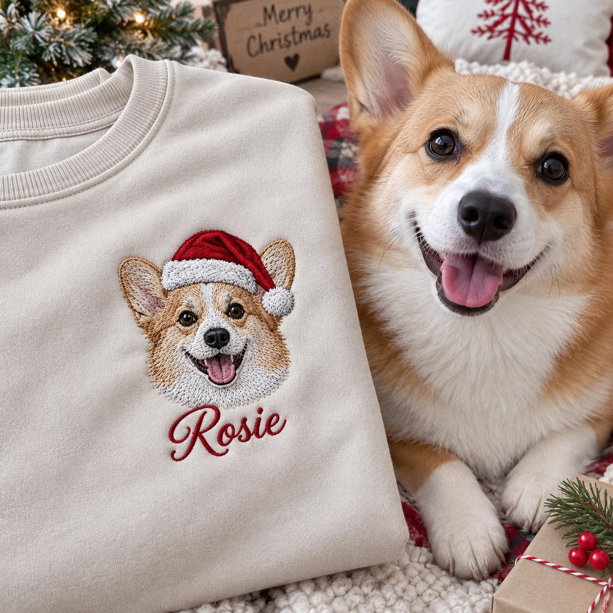 A beige crewneck sweatshirt featuring an embroidered design of a Corgi wearing a red and white Santa hat. Below the dog, the name Rosie is embroidered in red script. The sweatshirt has a ribbed collar and long sleeves.