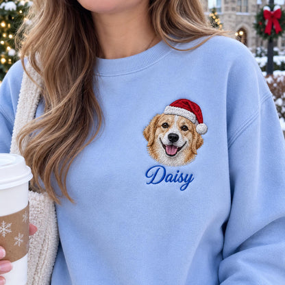 A light blue crewneck sweatshirt featuring an embroidered golden retriever wearing a red and white Santa hat. Below the dog, the name Daisy is embroidered in a dark blue cursive script. The fabric has a smooth, solid texture.
