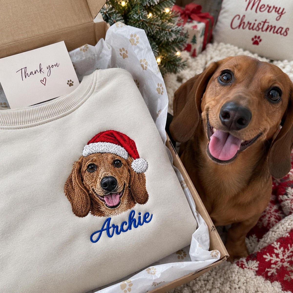 A beige crewneck sweatshirt featuring an embroidered portrait of a brown dachshund wearing a red and white Santa hat, with the name Archie stitched in blue cursive thread below the dog. A thank you card is tucked into the box.