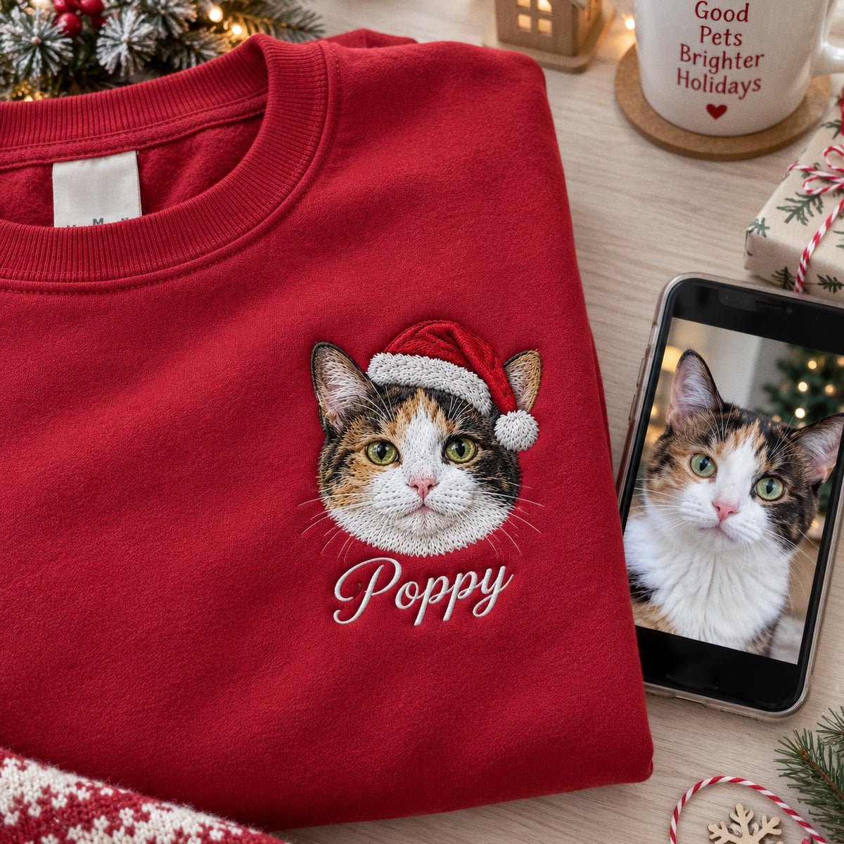 A red crewneck sweatshirt featuring an embroidered calico cat wearing a red and white Santa hat. Below the cat, the name Poppy is embroidered in white script. A smartphone displays a photo of the same cat next to the sweatshirt.