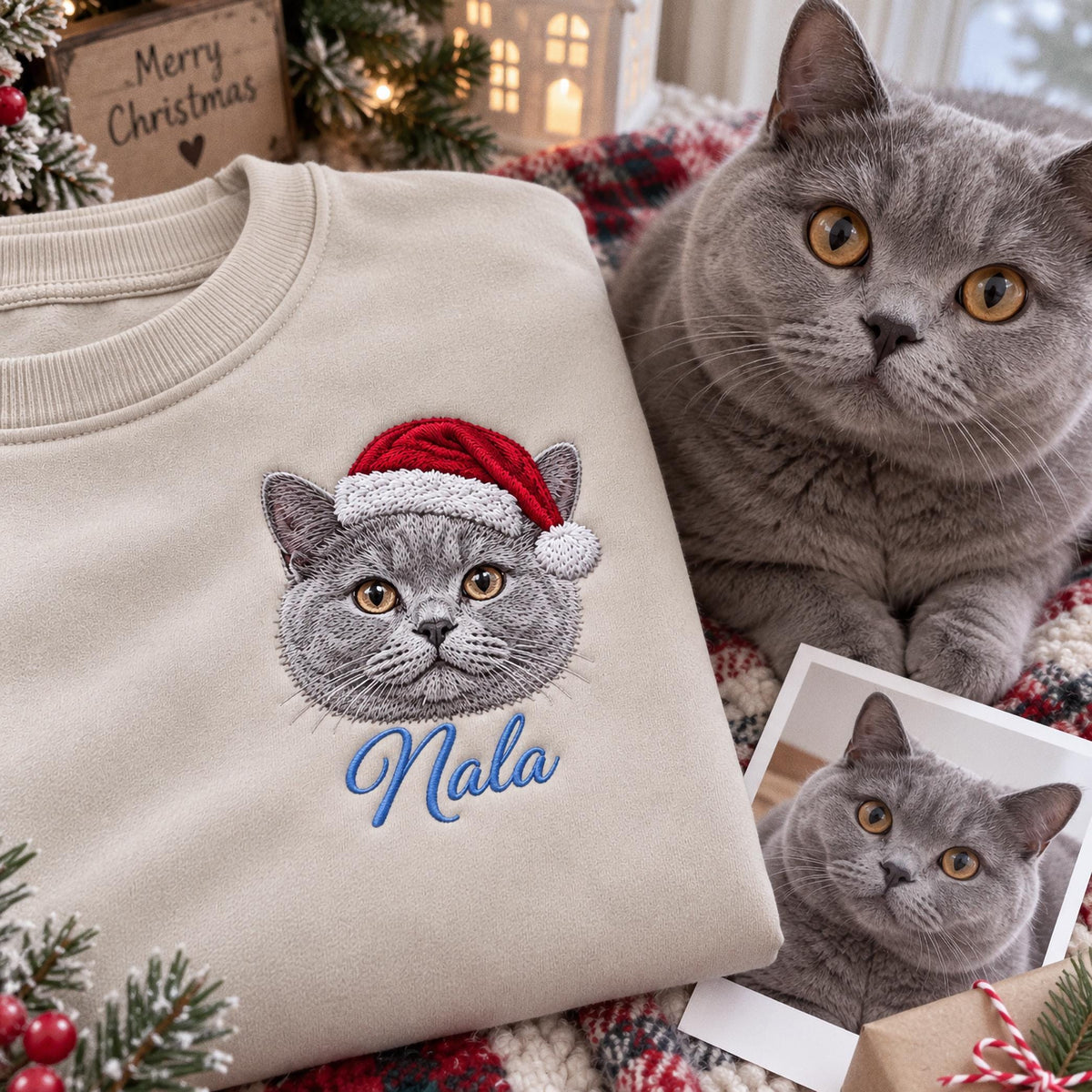 A beige crewneck sweatshirt featuring an embroidered design of a grey cat wearing a red and white Santa hat. Below the cat, the name Nala is embroidered in blue script. The sweatshirt is displayed alongside a grey cat and a photo.