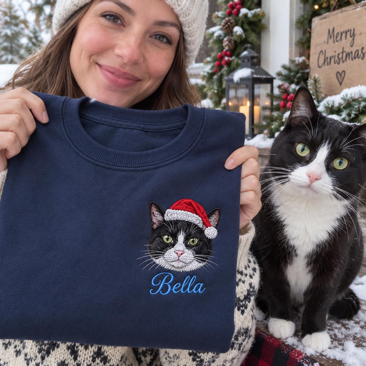 A navy blue sweatshirt featuring an embroidered graphic of a black and white cat wearing a red and white Santa hat. Below the cat, the name Bella is embroidered in blue script lettering. The design is centered on the chest area.