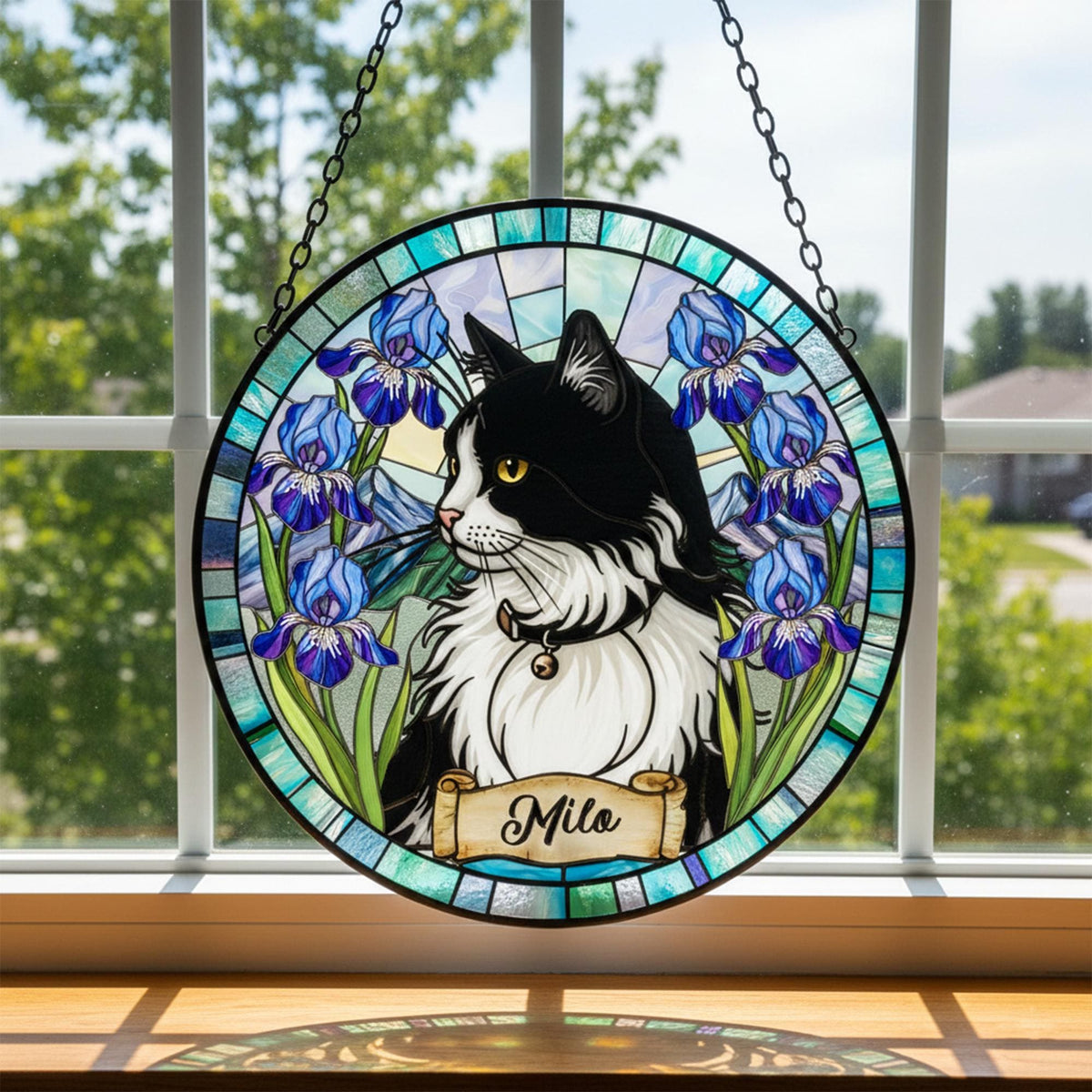 A round stained glass window featuring a black and white cat with yellow eyes, surrounded by blue irises. The cat has a collar with a bell. The name "Milo" is written on a banner below the cat. The window is framed with a teal and blue border.