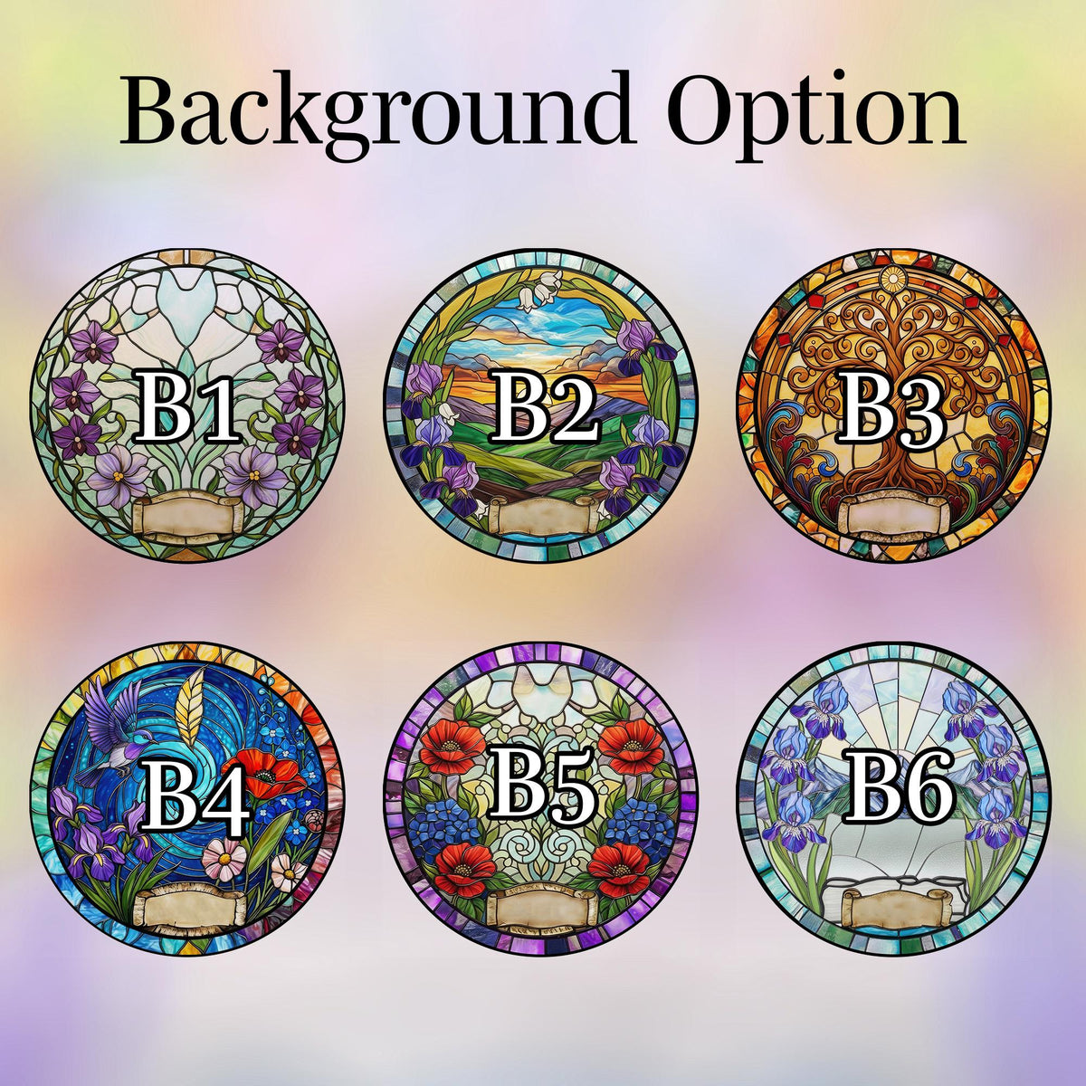 Circular stained glass designs with floral and nature themes. Each design is labeled with a letter and number combination. The text "Background Option" is at the top of the image.