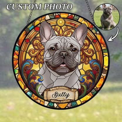 Round stained glass window featuring a gray French Bulldog with the name "Sully" on a banner. The window has a decorative border with yellow, orange, red, and blue accents. The text "CUSTOM PHOTO" is at the top.