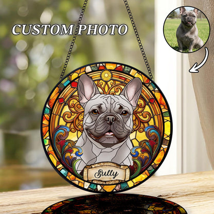Round stained glass window featuring a gray French Bulldog with the name "Sully" on a banner. The window has a colorful, ornate border and is suspended by a chain. The text "CUSTOM PHOTO" is at the top.