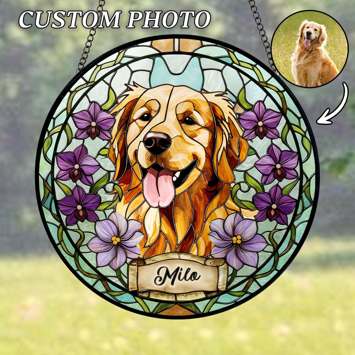 Round stained glass window featuring a Golden Retriever dog with a happy expression, surrounded by purple flowers. The name "Milo" is displayed on a banner. The words "CUSTOM PHOTO" are at the top. A smaller photo of the dog is in the upper right.