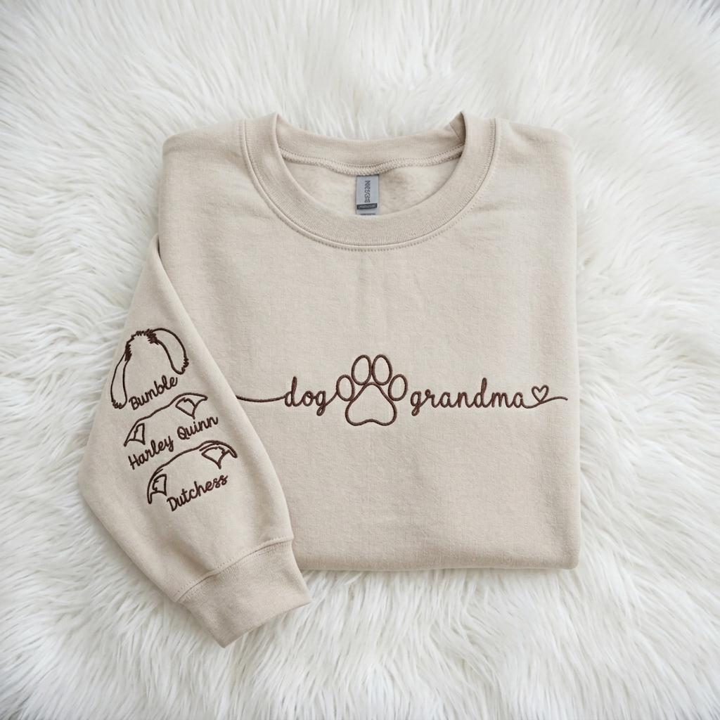 Dog Grandma Embroidered Sweatshirt With Dog Ears & Names - Personalized Pet Name Crewneck - Gift For Grandma