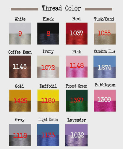 A thread color chart featuring fifteen swatches labeled with names and numerical codes. Colors include white, black, red, tusk/sand, coffee bean, ivory, pink, carolina blue, gold, daffodil, forest green, bubblegum, gray, light denim, and lavender.