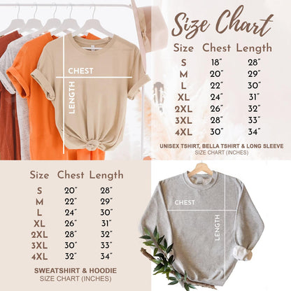 A beige t-shirt and a gray sweatshirt displayed with size charts in inches. The charts list chest and length measurements for sizes S through 4XL for unisex t-shirts, Bella t-shirts, long sleeves, sweatshirts, and hoodies.