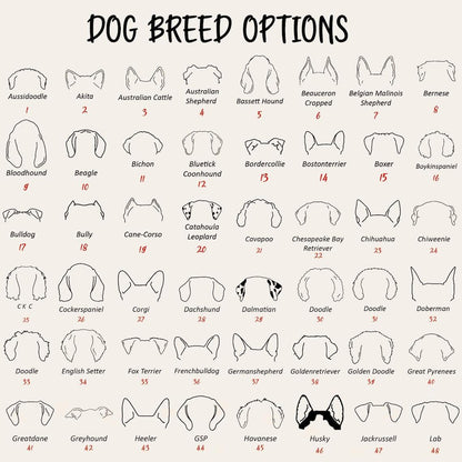 A chart titled DOG BREED OPTIONS displaying 48 black line drawings of various dog ear shapes. Each illustration is labeled with the breed name and a corresponding red number, ranging from 1 to 48, on a light cream background.