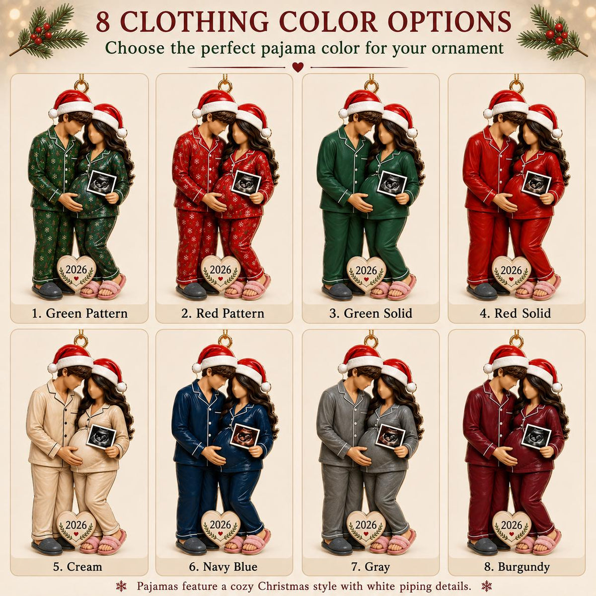 A set of eight Christmas ornaments featuring a couple in pajamas and Santa hats holding an ultrasound image. Each ornament includes a heart-shaped tag labeled 2026. The pajamas come in green pattern, red pattern, green solid, red solid, cream, navy blue, gray, and burgundy colors with white piping details.