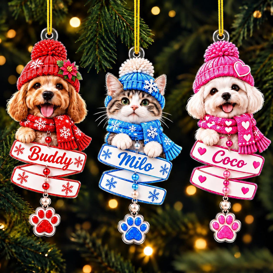 Three hanging ornaments featuring a brown dog named Buddy in a red hat and scarf, a tabby cat named Milo in a blue hat and scarf, and a white dog named Coco in a pink hat and scarf. Each ornament includes a name tag and a paw print charm.