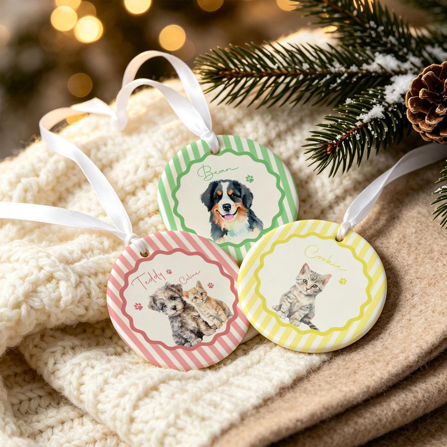Three round ceramic ornaments with white ribbons. One green striped ornament features a Bernese Mountain Dog named Bean. A pink striped ornament shows a puppy named Teddy and a kitten named Celina. A yellow striped ornament shows a kitten named Cookie.