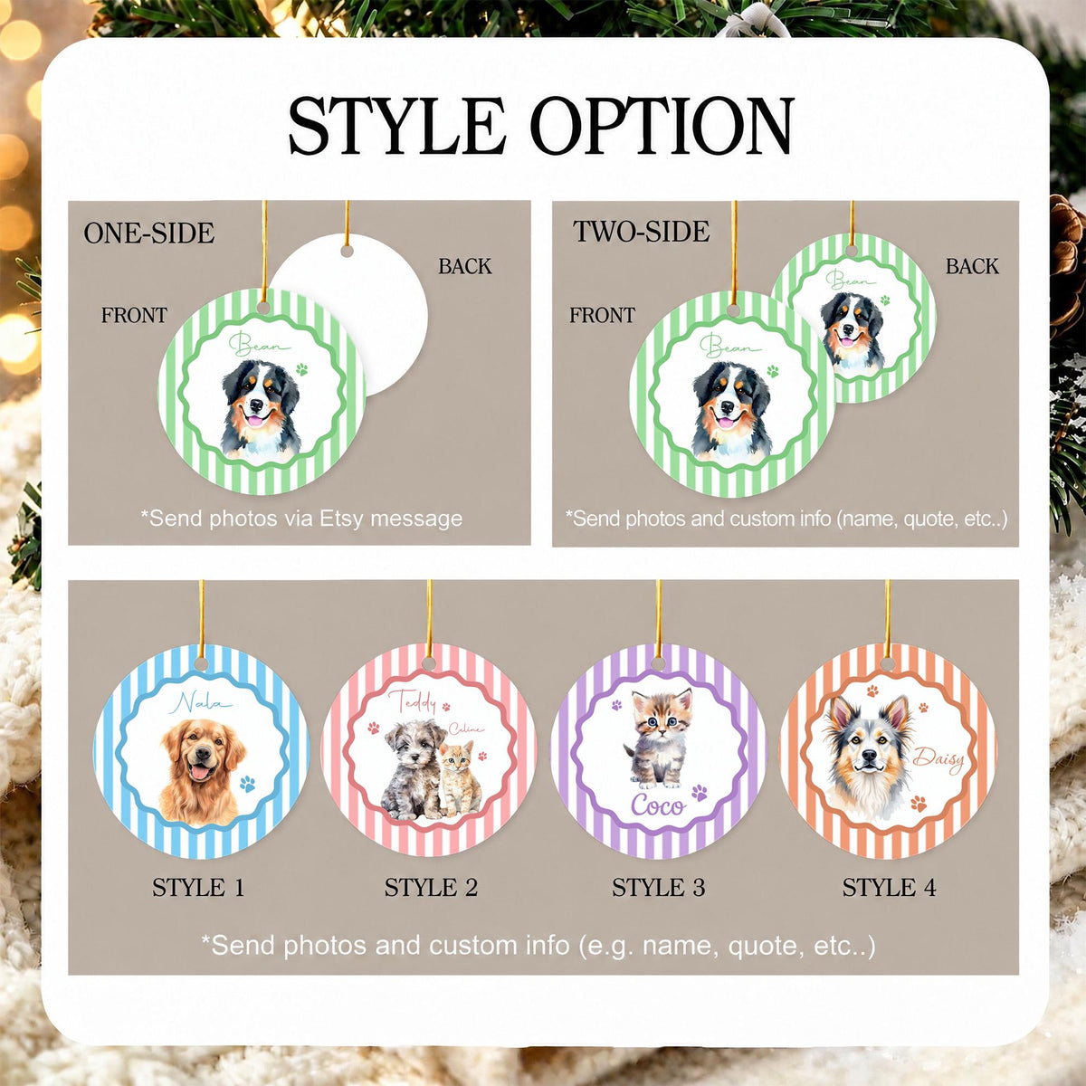 A set of round ceramic ornaments featuring custom pet portraits. Options include one-sided or two-sided designs with striped borders in green, blue, pink, purple, or orange. Each ornament displays a pet illustration and name.