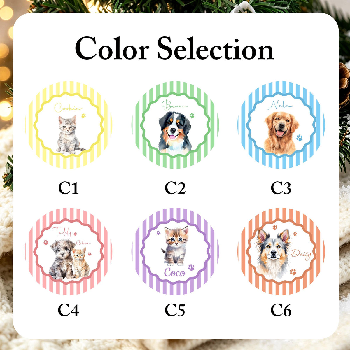 A color selection chart featuring six circular labels labeled C1 through C6. Each label has a striped background in yellow, green, blue, pink, purple, or orange, and displays a watercolor illustration of a pet with a name.