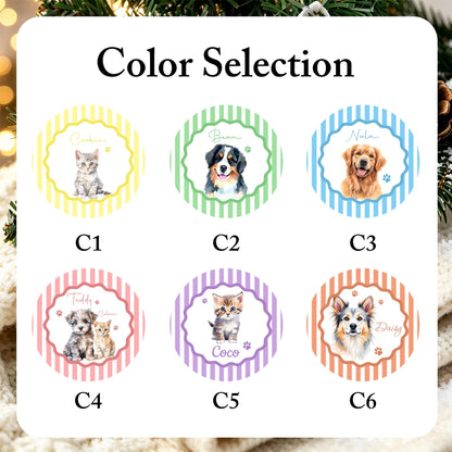 A color selection chart featuring six circular labels labeled C1 through C6. Each label has a striped background in yellow, green, blue, pink, purple, or orange, and displays a watercolor illustration of a pet with a name.