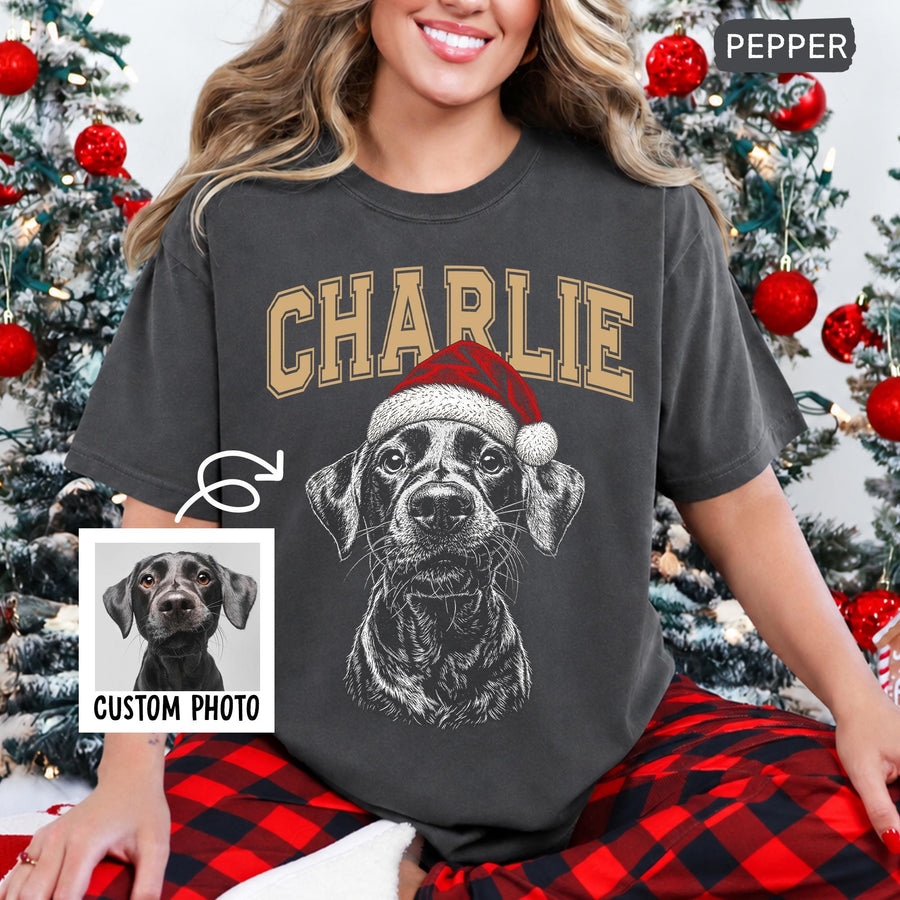 Custom Pet Portrait Christmas Shirt With Name - Santa Hat Dog Or Cat Drawing Tee - Gift For Pet Lovers