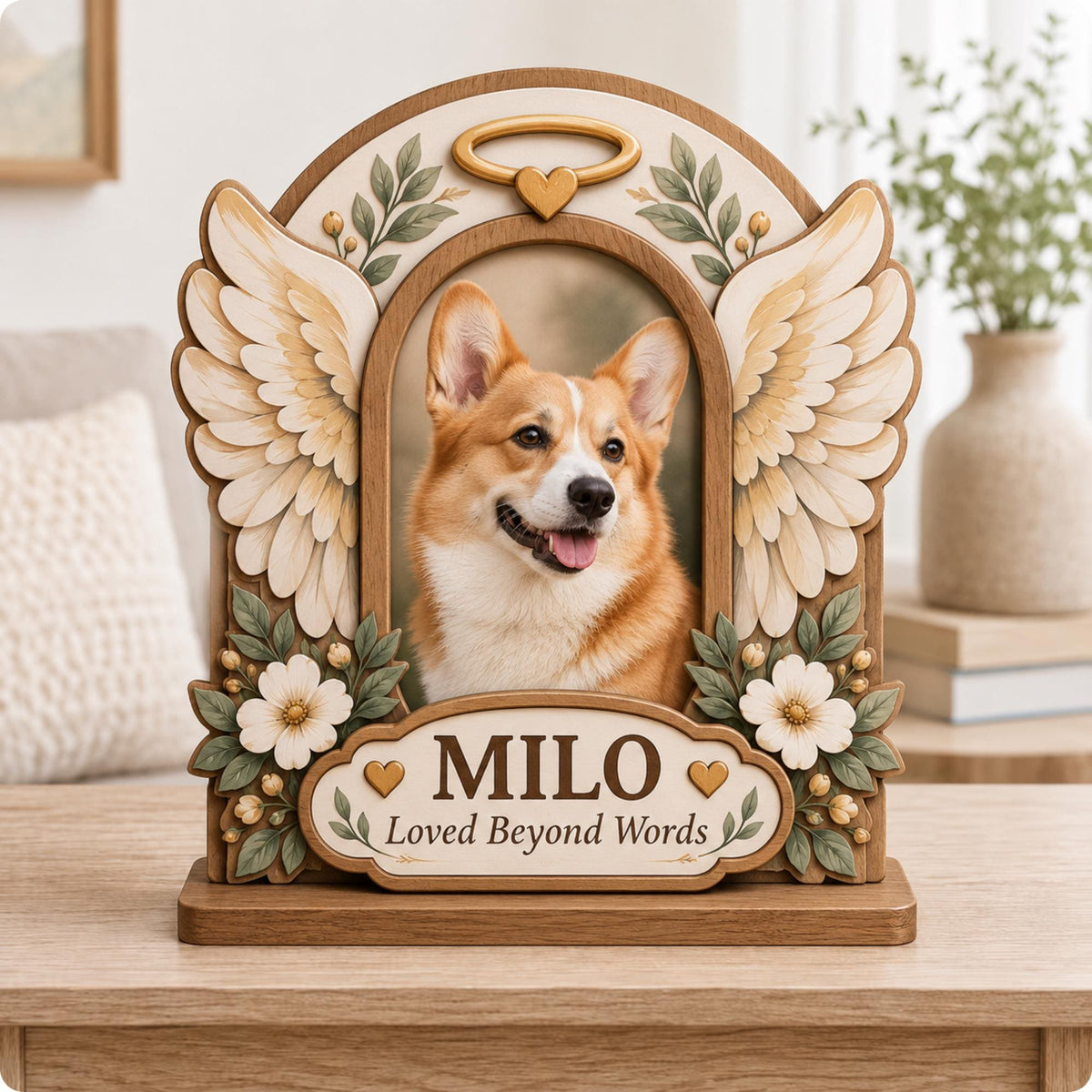 A wooden memorial photo frame featuring a portrait of a corgi. The frame is decorated with sculpted angel wings, white flowers, green leaves, and a gold halo with a heart. A plaque reads MILO and Loved Beyond Words with two hearts.
