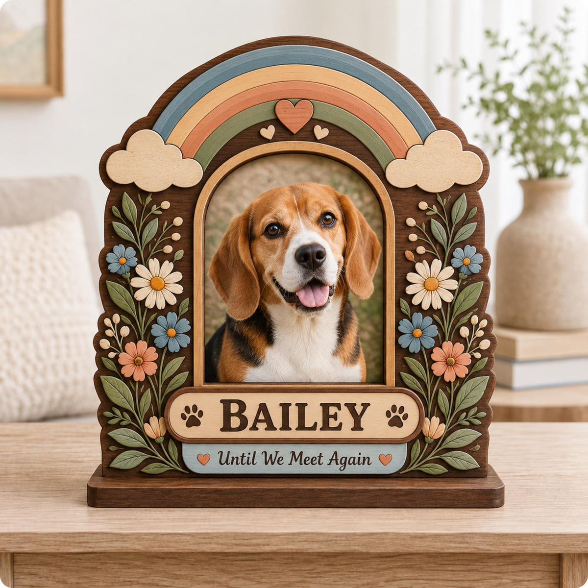 A wooden pet memorial photo frame featuring an arched design with a rainbow, clouds, and floral accents. The frame displays a photo of a beagle and includes the name Bailey, paw prints, and the text Until We Meet Again.