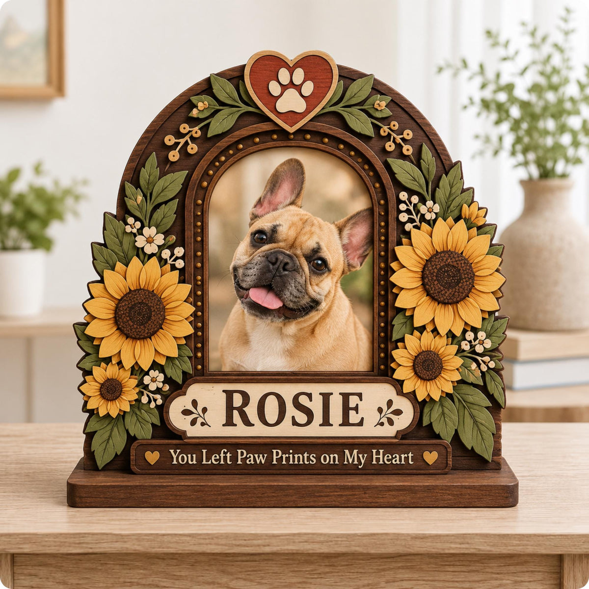 A wooden arched photo frame featuring a portrait of a fawn French Bulldog. The frame is decorated with layered sunflowers, green leaves, and a heart with a paw print. It includes the name ROSIE and the text You Left Paw Prints on My Heart.