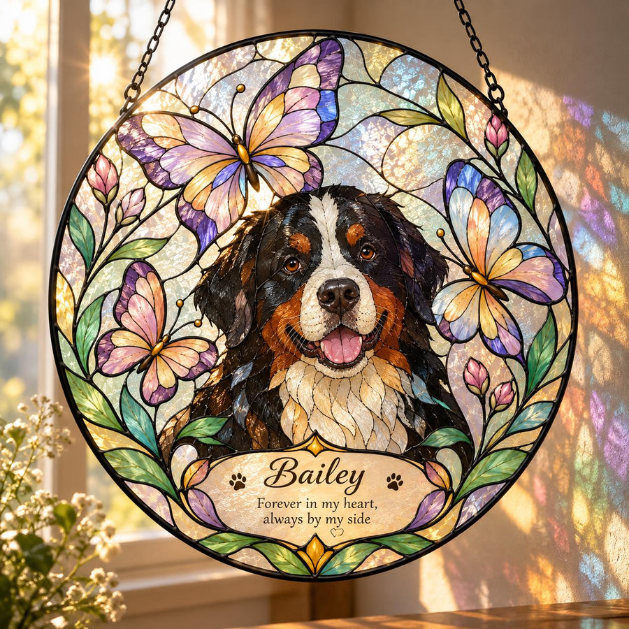Butterfly Pet Memorial Suncatcher in Textured Glass - Personalized Dog & Cat Portrait & Name - Sympathy Gift