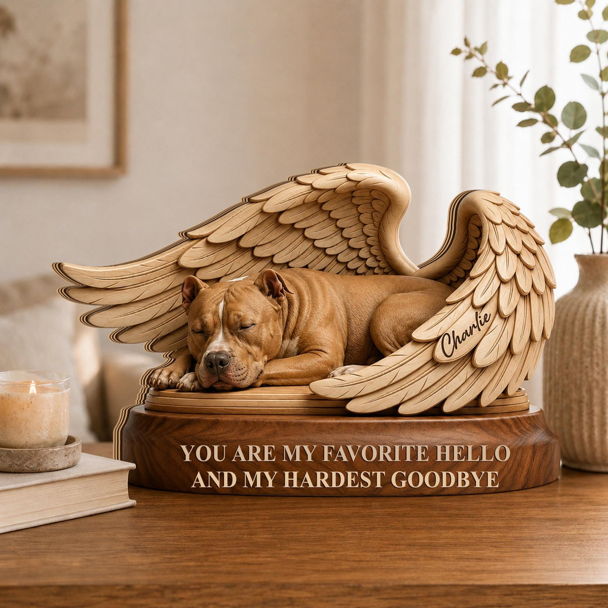 A wooden memorial sculpture featuring a brown dog sleeping peacefully between two large, detailed angel wings. The base is engraved with the text, "YOU ARE MY FAVORITE HELLO AND MY HARDEST GOODBYE," and the name "Charlie" is etched on one wing.