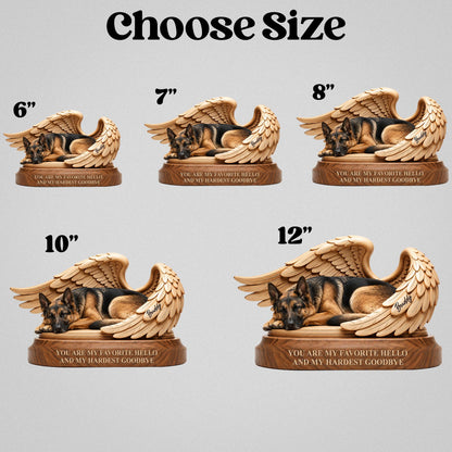 Five wooden German Shepherd dog figurines in sizes 6, 7, 8, 10, and 12 inches. Each figurine features a dog resting against carved angel wings on a base with the text "YOU ARE MY FAVORITE HELLO AND MY HARDEST GOODBYE" and "Buddy".