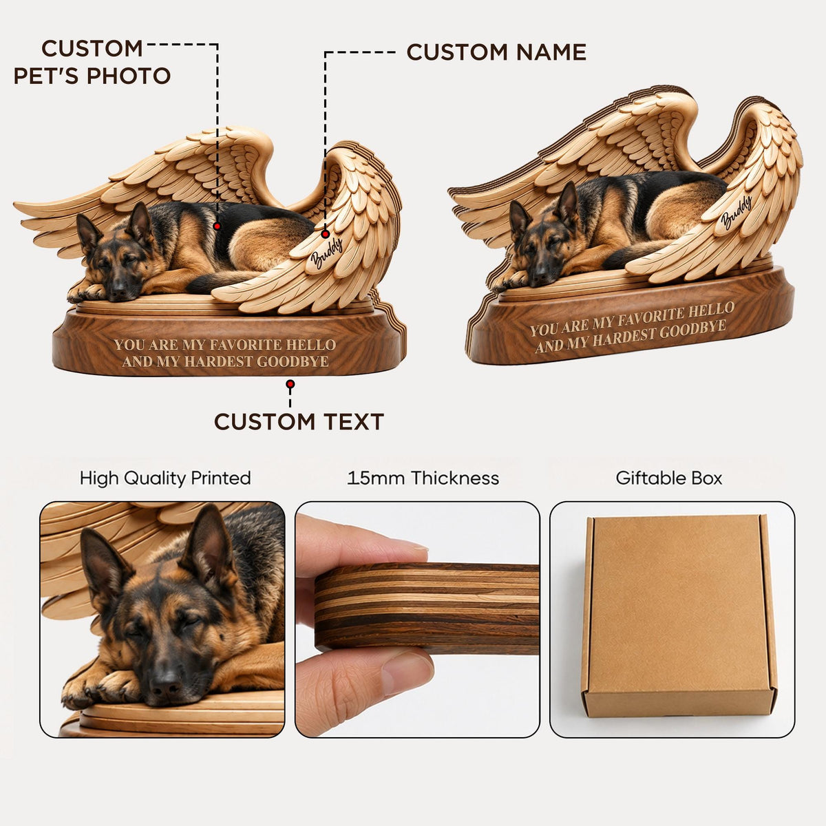 A wooden memorial plaque featuring a German Shepherd resting between two carved angel wings. The base includes the engraved text, "YOU ARE MY FAVORITE HELLO AND MY HARDEST GOODBYE," and a custom name. It has a 15mm thickness.