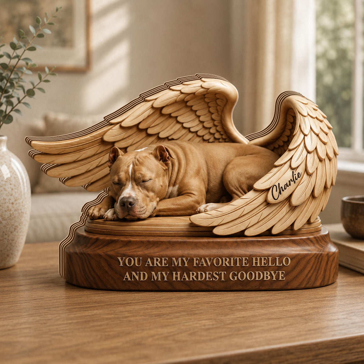 Angel Wing Pet Memorial Plaque - Personalized Sleeping Pet Wooden Block With Name - Gift For Pet Loss