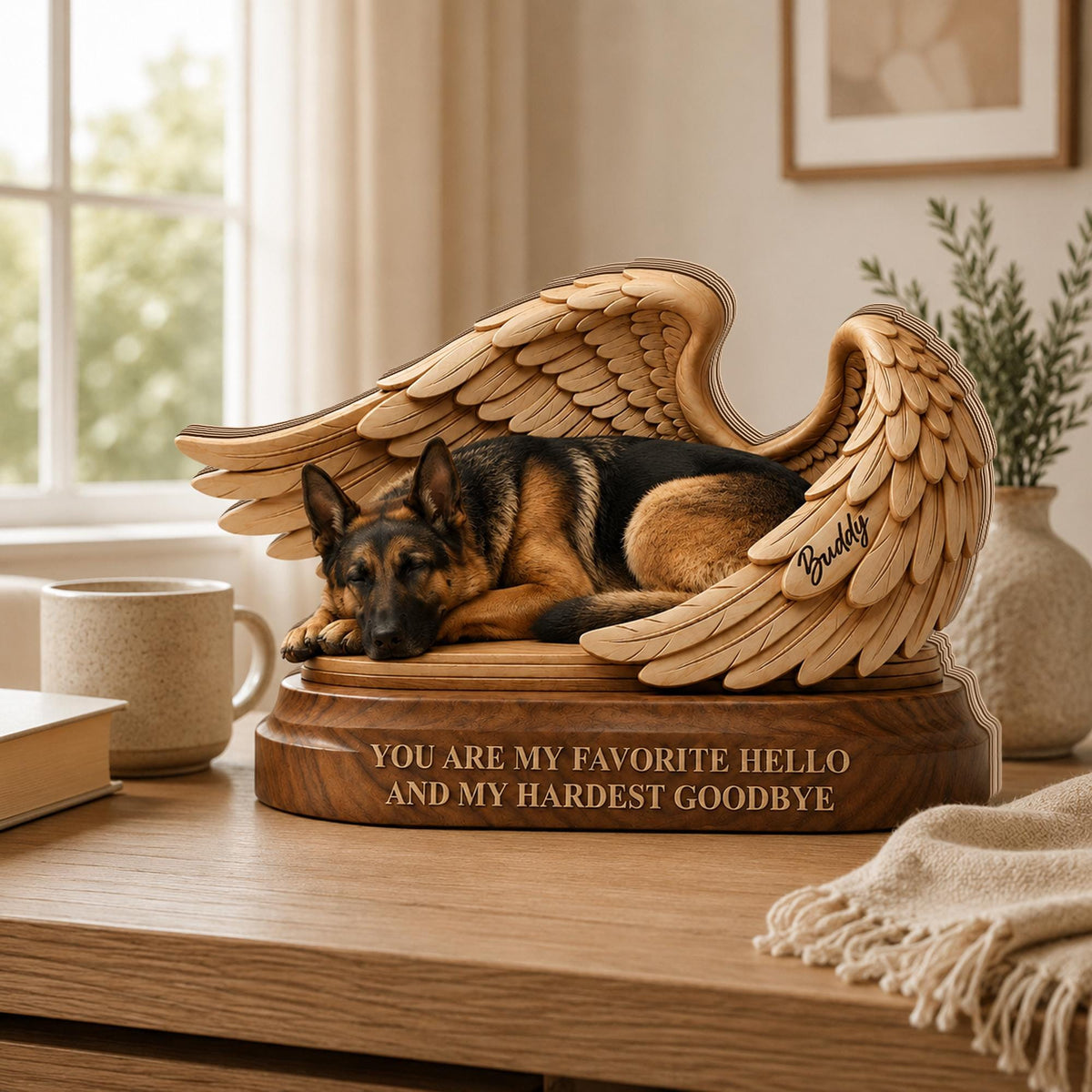 A wooden memorial sculpture featuring a German Shepherd dog resting within a pair of carved angel wings. The base is engraved with the text, "YOU ARE MY FAVORITE HELLO AND MY HARDEST GOODBYE," and the name "Buddy" is etched on the wing.