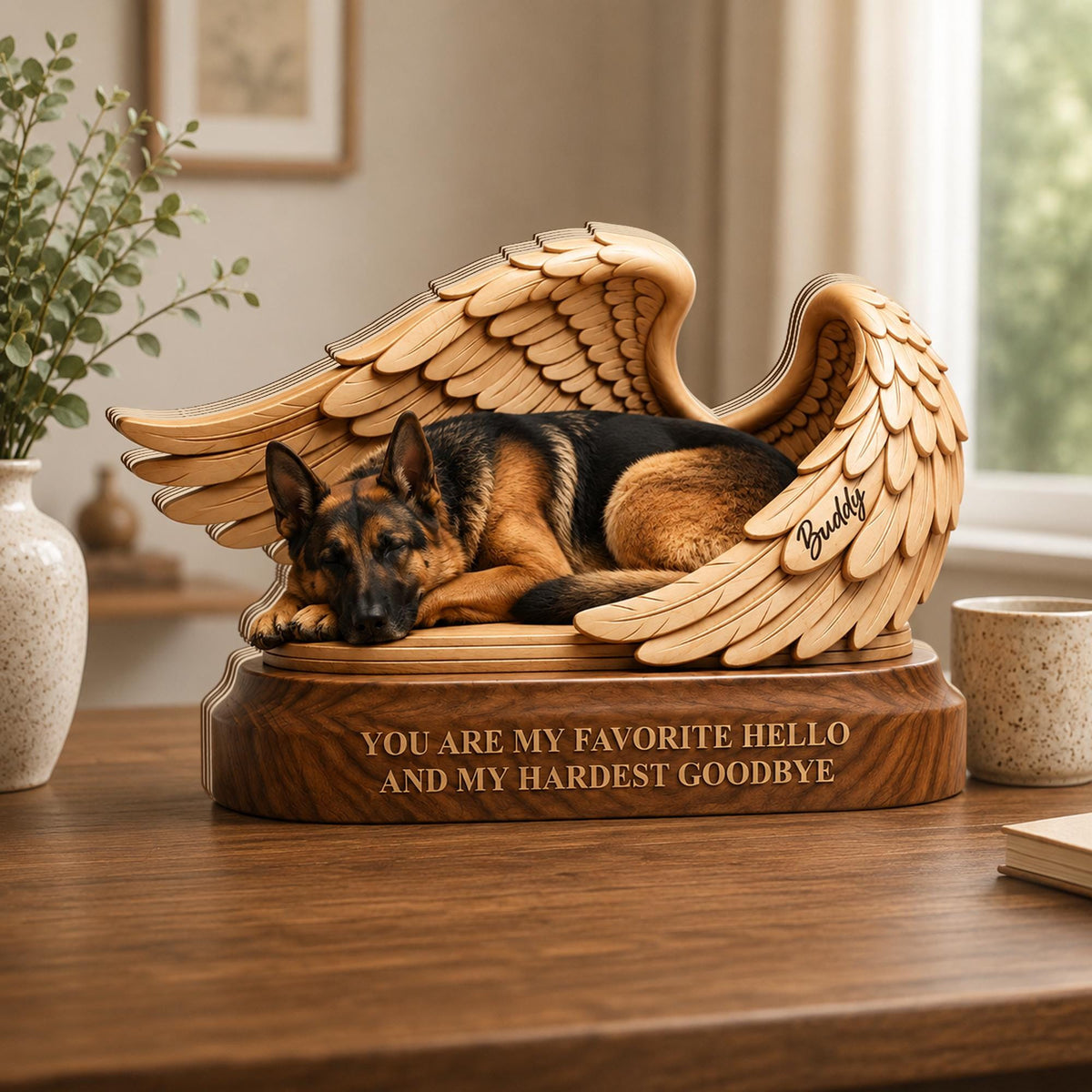Angel Wing Pet Memorial Plaque - Personalized Sleeping Pet Wooden Block With Name - Gift For Pet Loss
