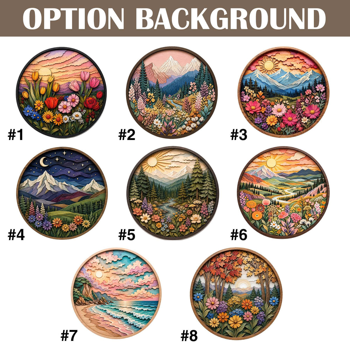 Eight circular wall art pieces labeled 1 through 8, each featuring layered, multi-colored landscape scenes. Designs include floral meadows, mountain ranges, forests, rivers, a coastal sunset, and autumn trees, all encased in round frames.