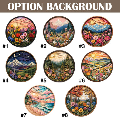 Eight circular wall art pieces labeled 1 through 8, each featuring layered, multi-colored landscape scenes. Designs include floral meadows, mountain ranges, forests, rivers, a coastal sunset, and autumn trees, all encased in round frames.