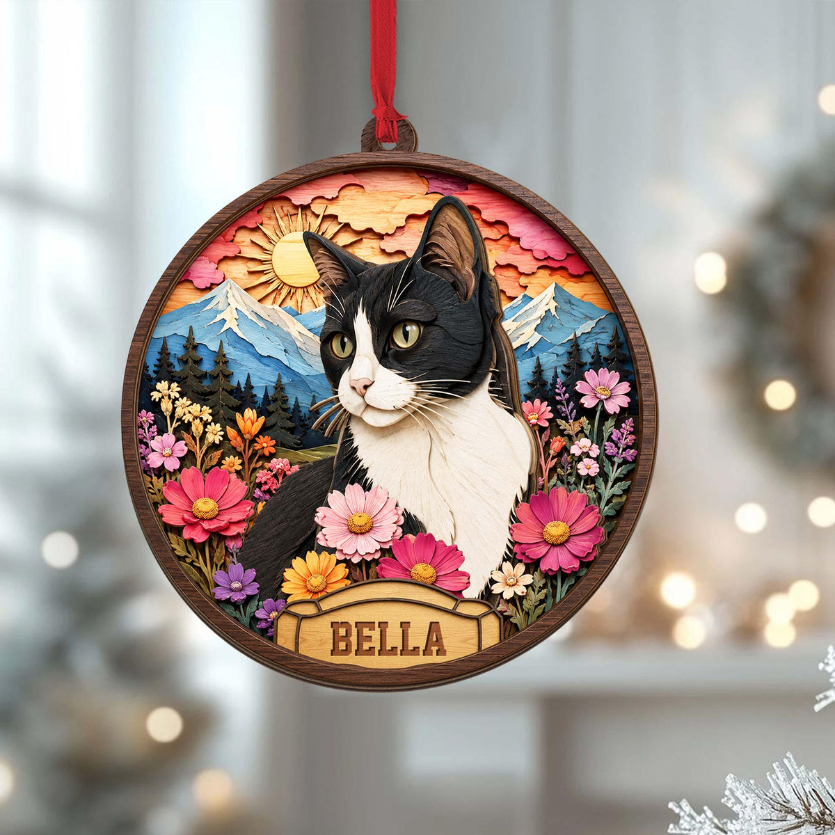 A round wooden ornament featuring a layered design of a black and white cat centered in a landscape of mountains, a sun, and colorful flowers. A banner at the bottom displays the name BELLA in brown letters, and a red ribbon is attached.