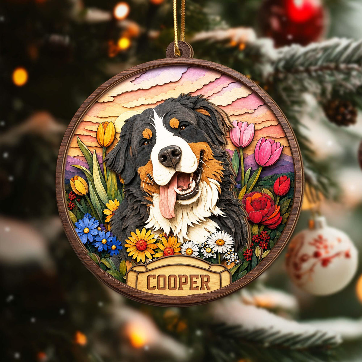 A round wooden ornament featuring a layered, multi-dimensional illustration of a Bernese Mountain Dog surrounded by colorful tulips, daisies, and roses. The name COOPER is engraved on a banner at the bottom of the circular frame.