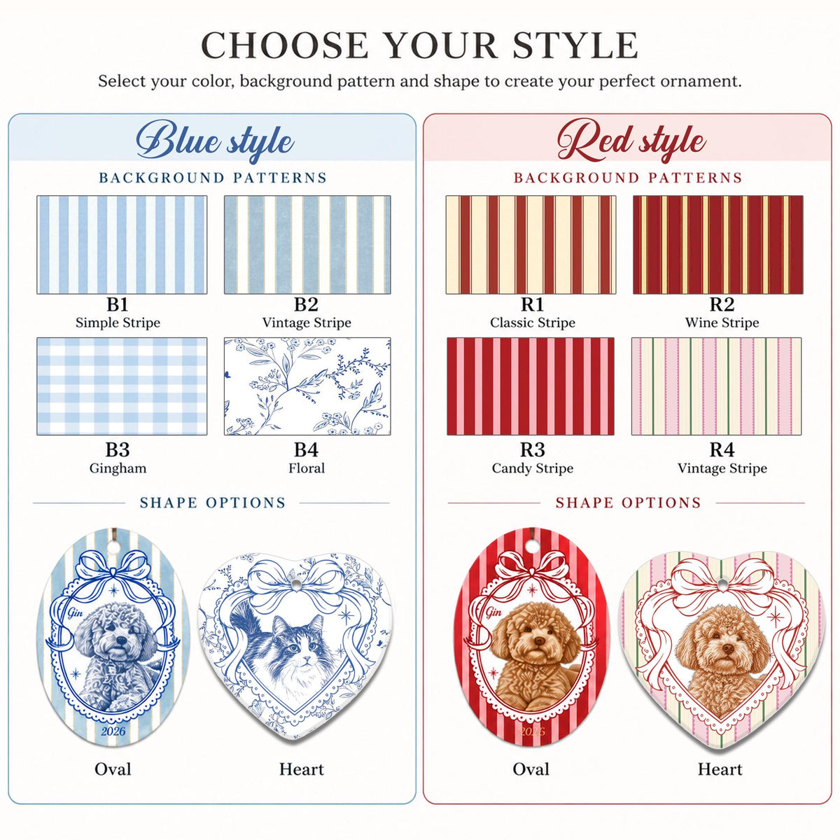 A product customization chart titled CHOOSE YOUR STYLE with blue and red sections. It displays background patterns including stripes, gingham, and floral, alongside oval and heart-shaped ornaments featuring dog and cat illustrations.
