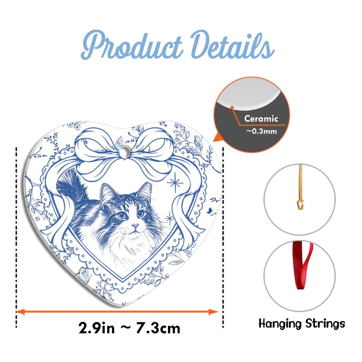 A heart-shaped white ceramic ornament featuring a blue line-art illustration of a long-haired cat framed by a bow and floral patterns. The ornament measures 2.9 inches wide and 0.3 mm thick, with gold and red hanging strings included.